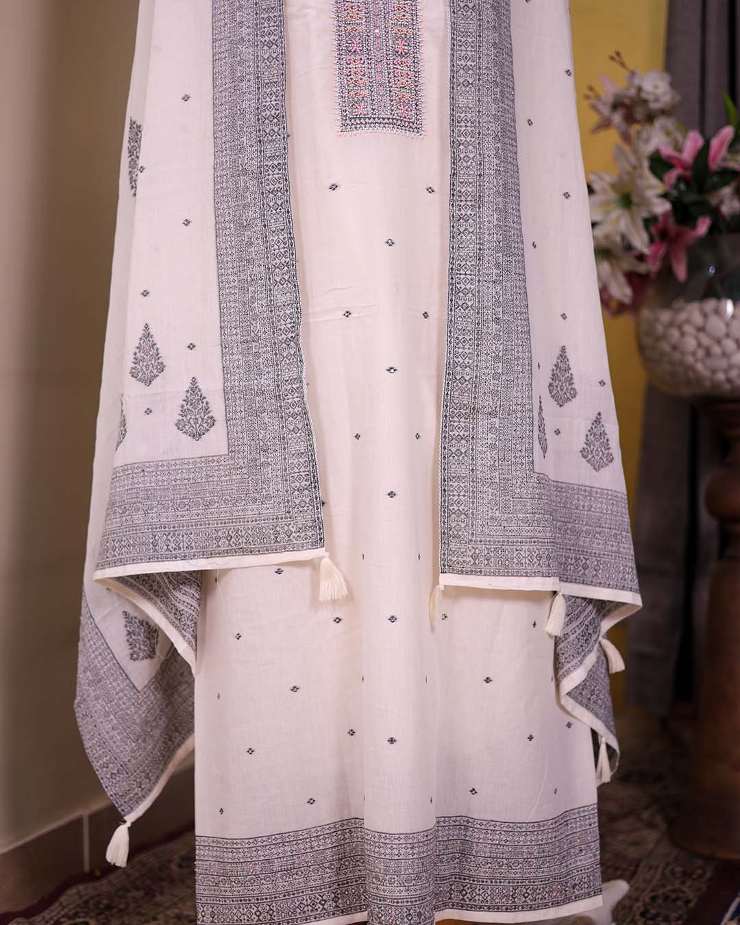 Second image of White Cotton Suit with Peach Beadwork & Weaving