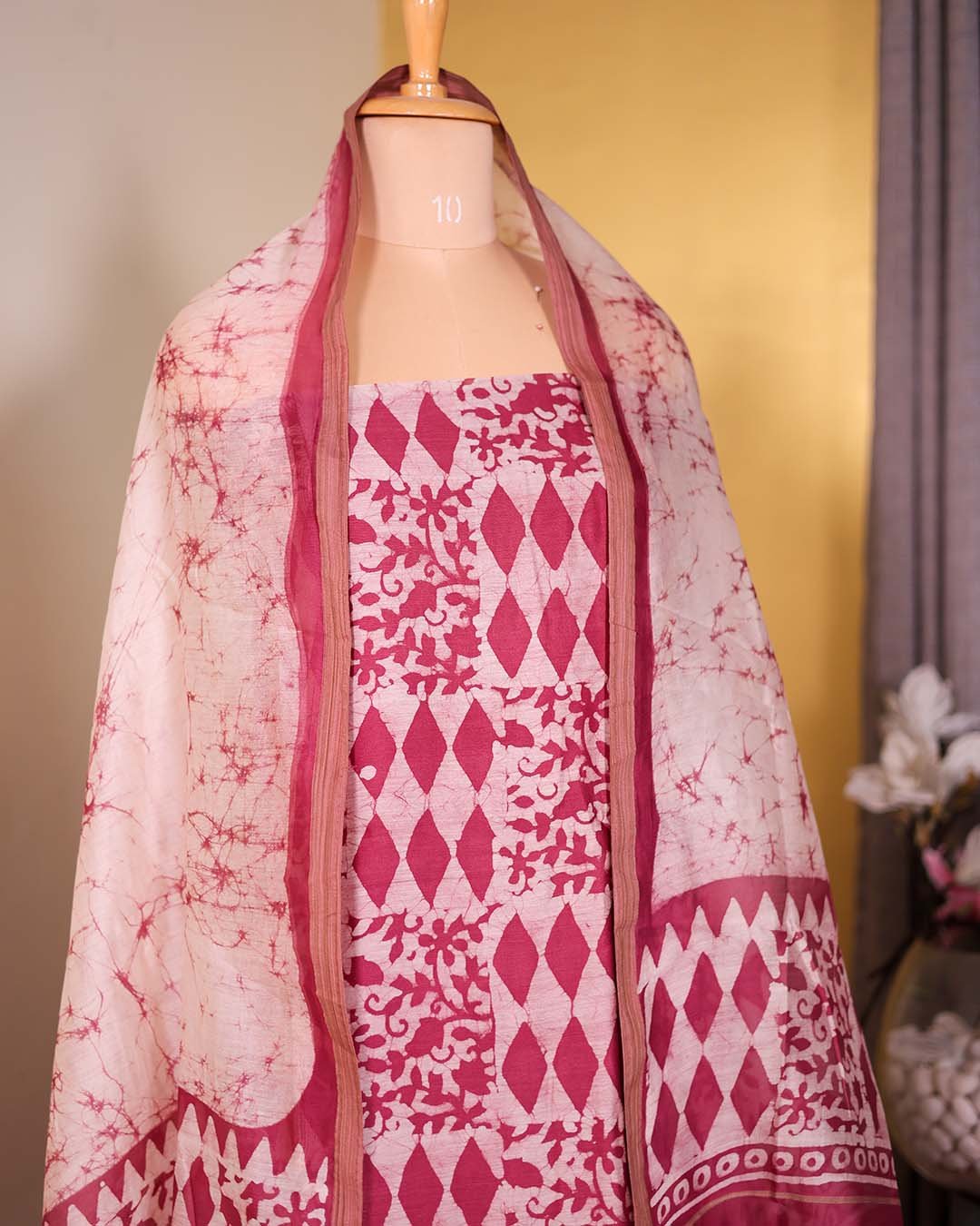 Second image of Onion Pink Batik Print Suit with Coordinated Dupatta