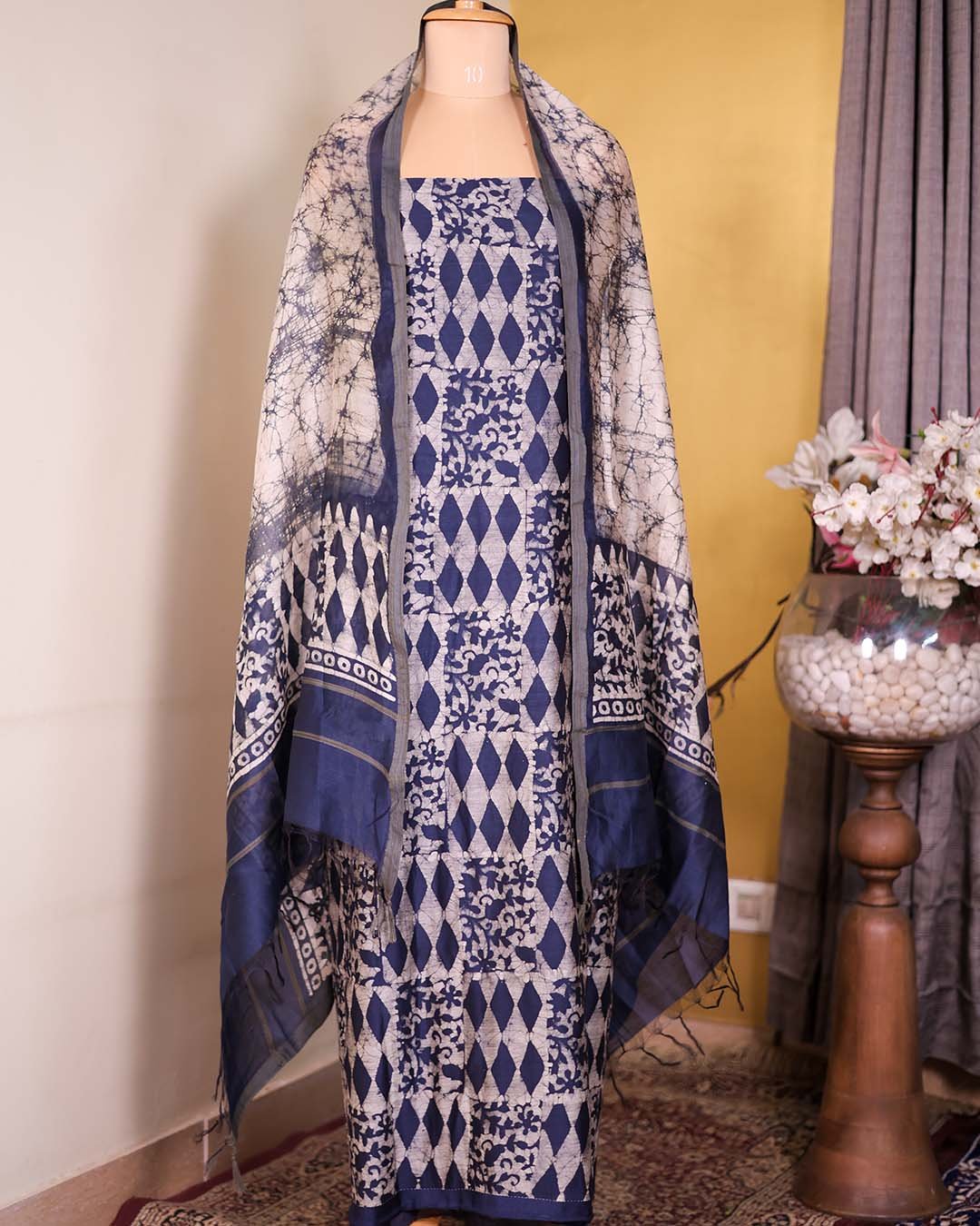 Blue Batik Print Suit with Coordinated Dupatta