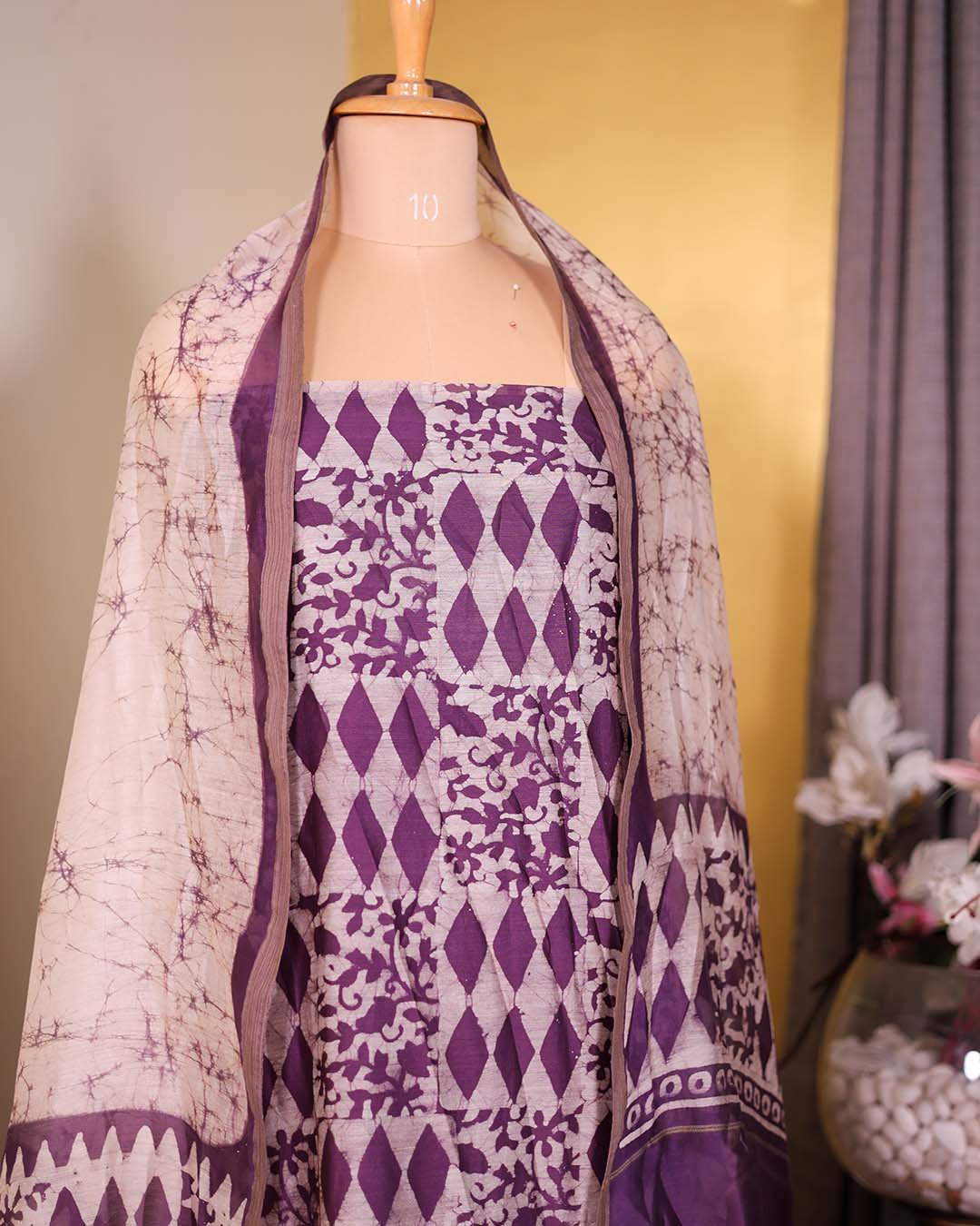 Second image of Purple Batik Print Suit with Coordinated Dupatta