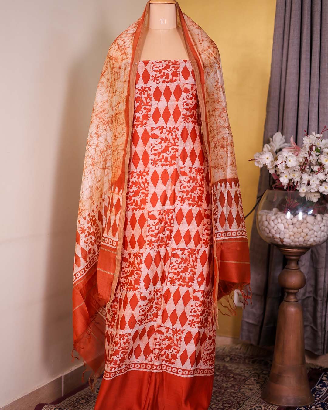 Rust Batik Print Suit with Coordinated Dupatta