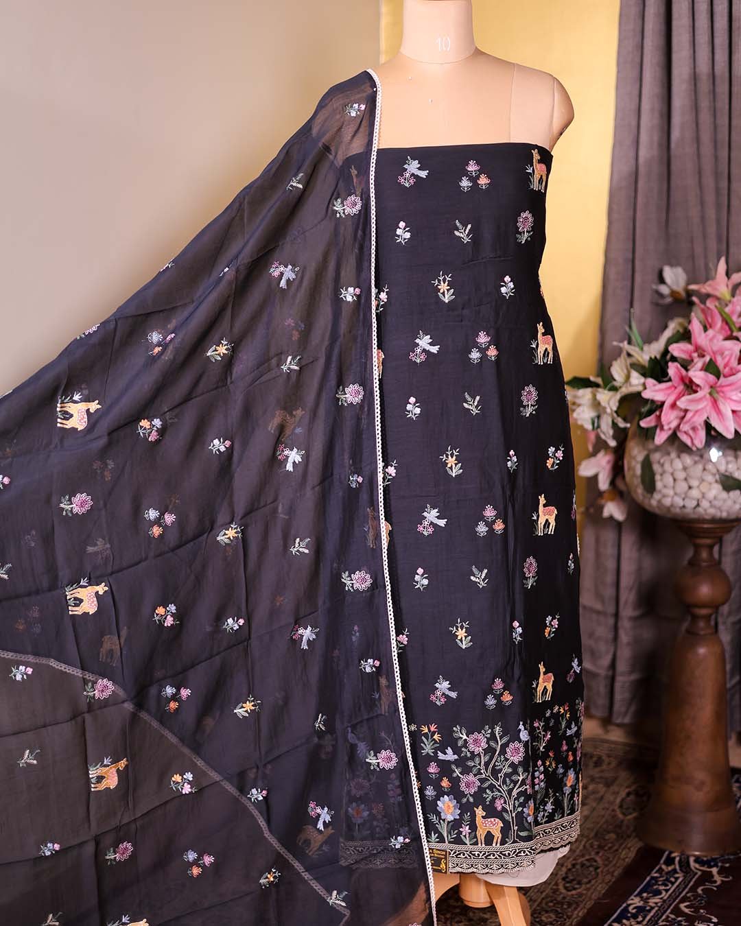 Black Pure Mal Suit with Floral & Animal Embroidery