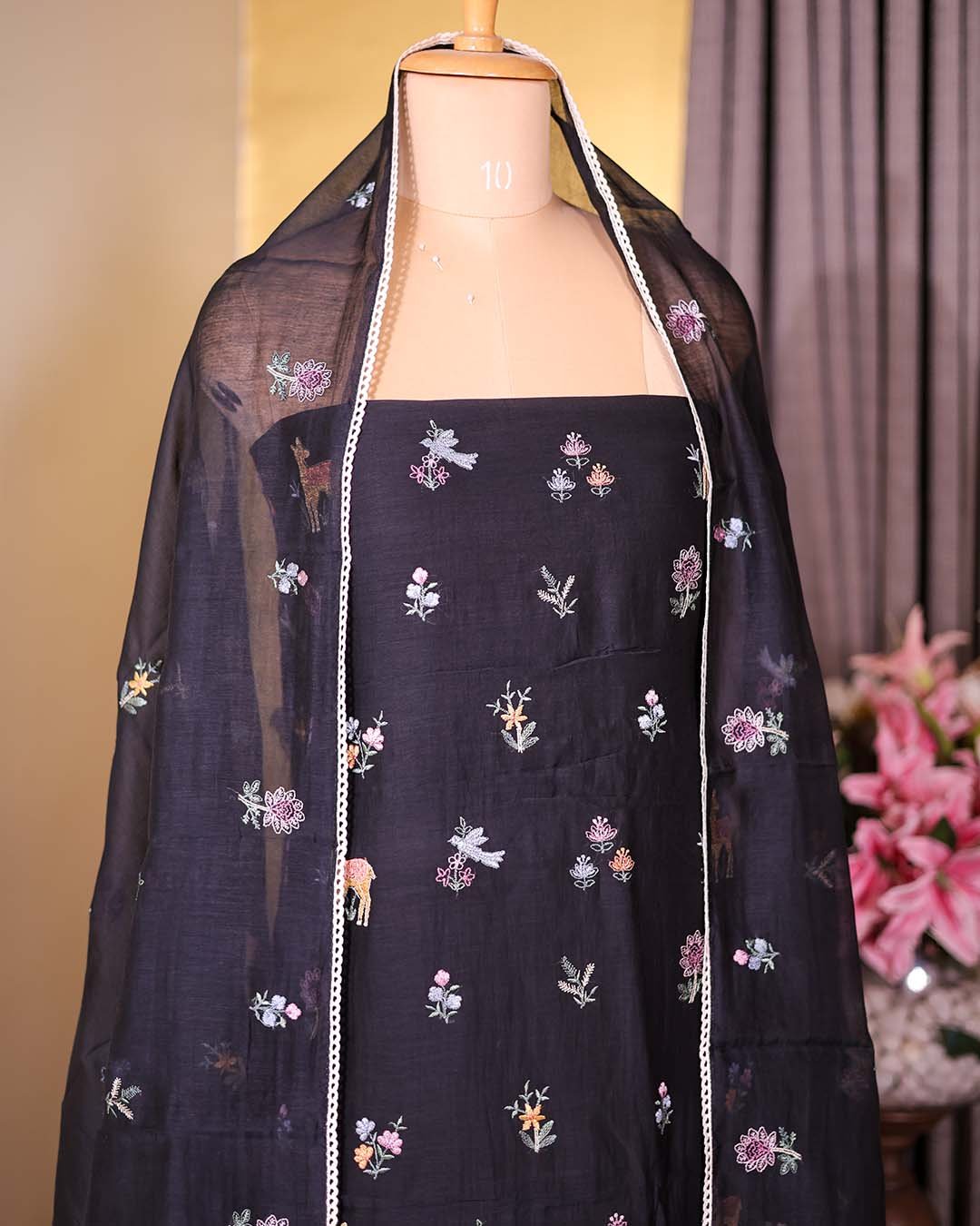 Second image of Black Pure Mal Suit with Floral & Animal Embroidery