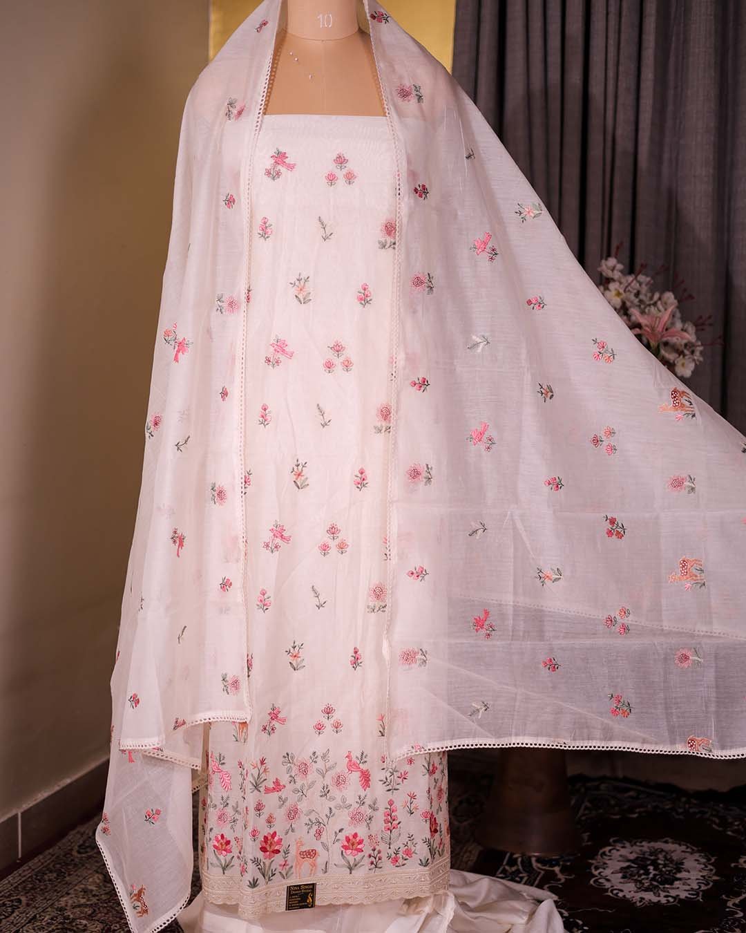 White Pure Mal Suit with Floral & Animal Embroidery