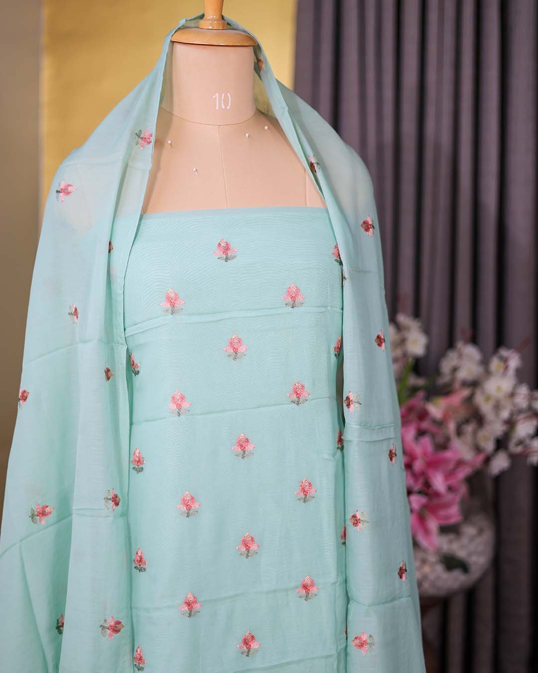 Second image of Blue Mal Chanderi Suit with Floral Bootis & Embroidered Hemline