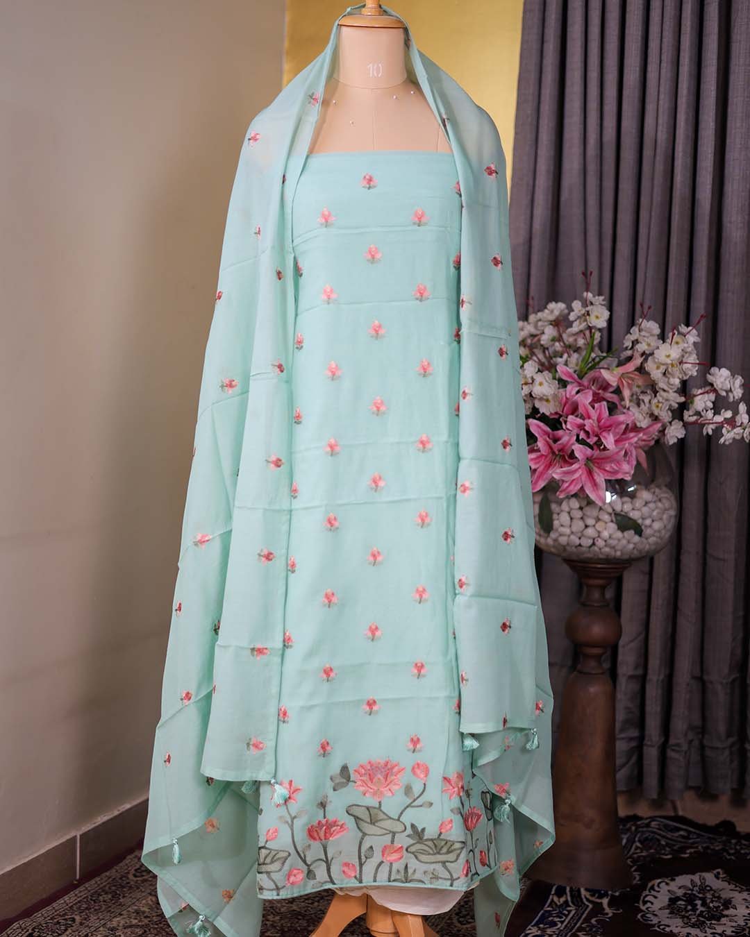 Blue Mal Chanderi Suit with Floral Bootis & Embroidered Hemline