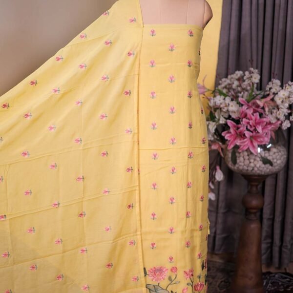Yellow Mal Chanderi Suit with Floral Bootis & Embroidered Hemline