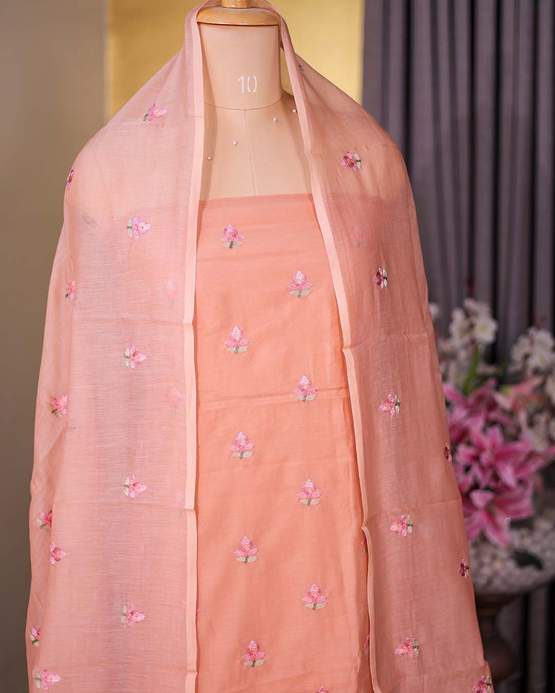 Second image of Peach Mal Chanderi Suit with Floral Bootis & Embroidered Hemline