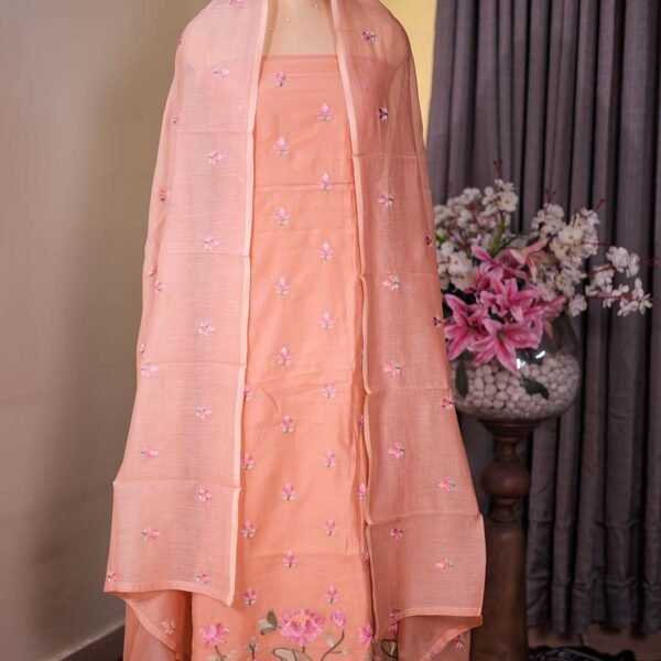 Peach Mal Chanderi Suit with Floral Bootis & Embroidered Hemline