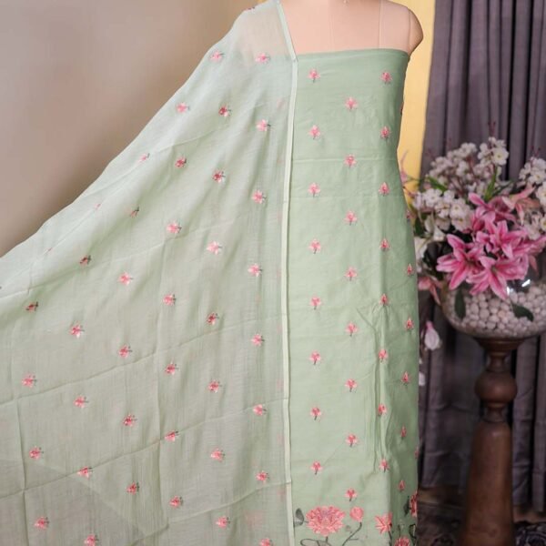 Green Mal Chanderi Suit with Floral Bootis & Embroidered Hemline
