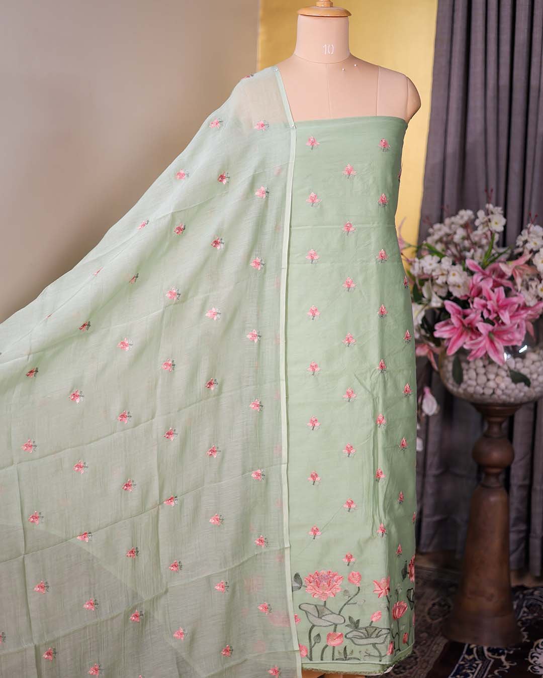 Green Mal Chanderi Suit with Floral Bootis & Embroidered Hemline