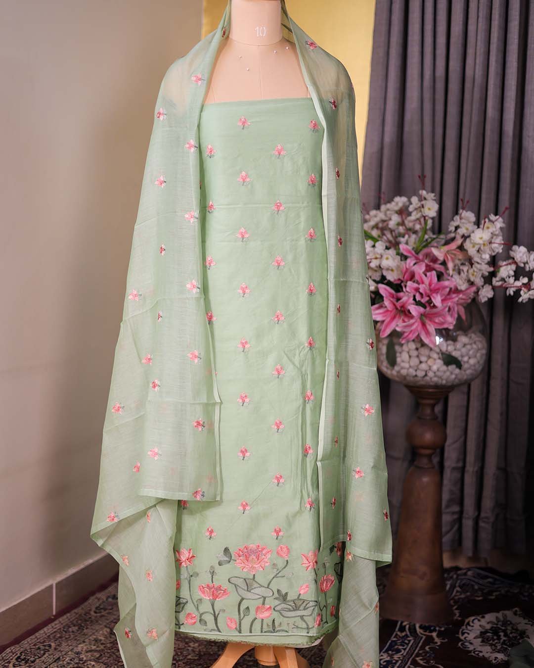 Second image of Green Mal Chanderi Suit with Floral Bootis & Embroidered Hemline