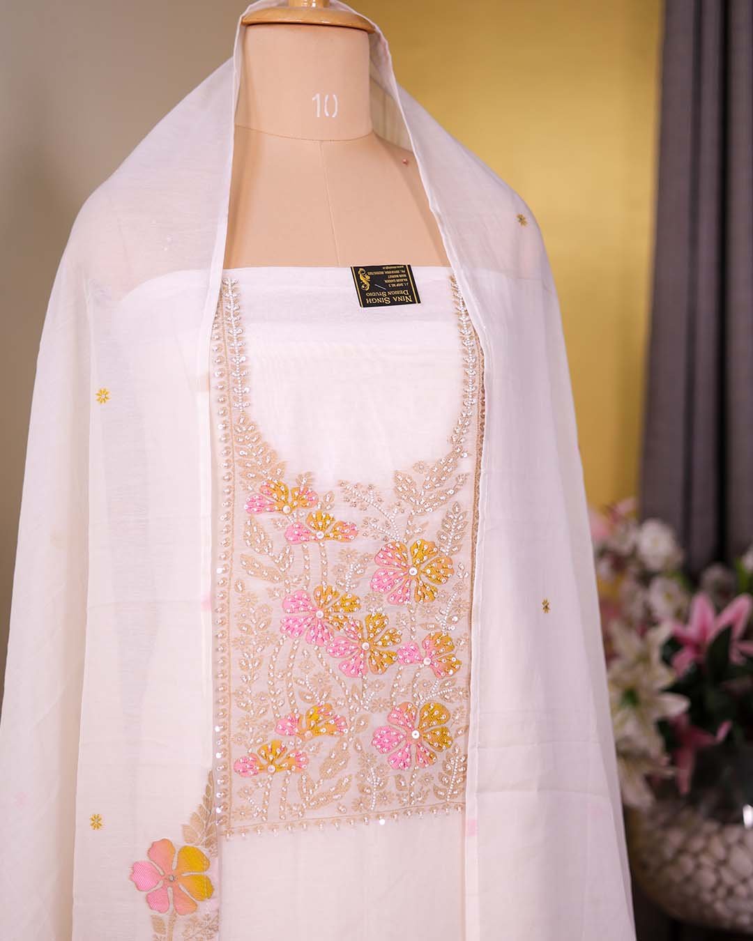 Second image of Pure Mal White Suit with Woven Detailing & Pearl-Sequin Neckline