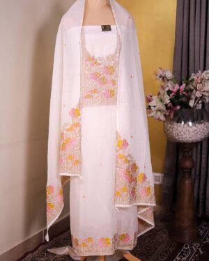 Pure Mal White Suit with Woven Detailing & Pearl-Sequin Neckline