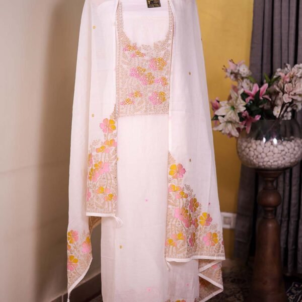 Pure Mal White Suit with Woven Detailing & Pearl-Sequin Neckline