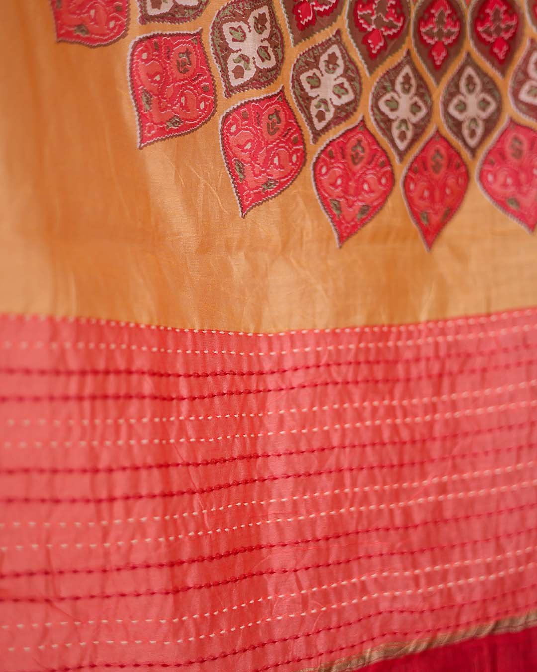 Second image of Brick Red Maheshwari Silk Suit with Kantha Embroidery & Printed Dupatta