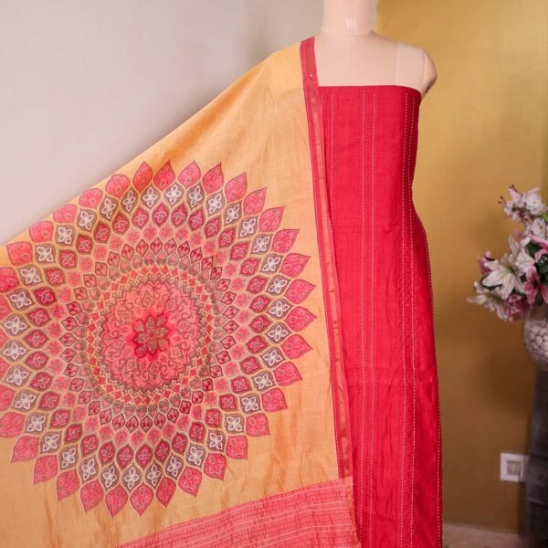 Brick Red Maheshwari Silk Suit with Kantha Embroidery & Printed Dupatta