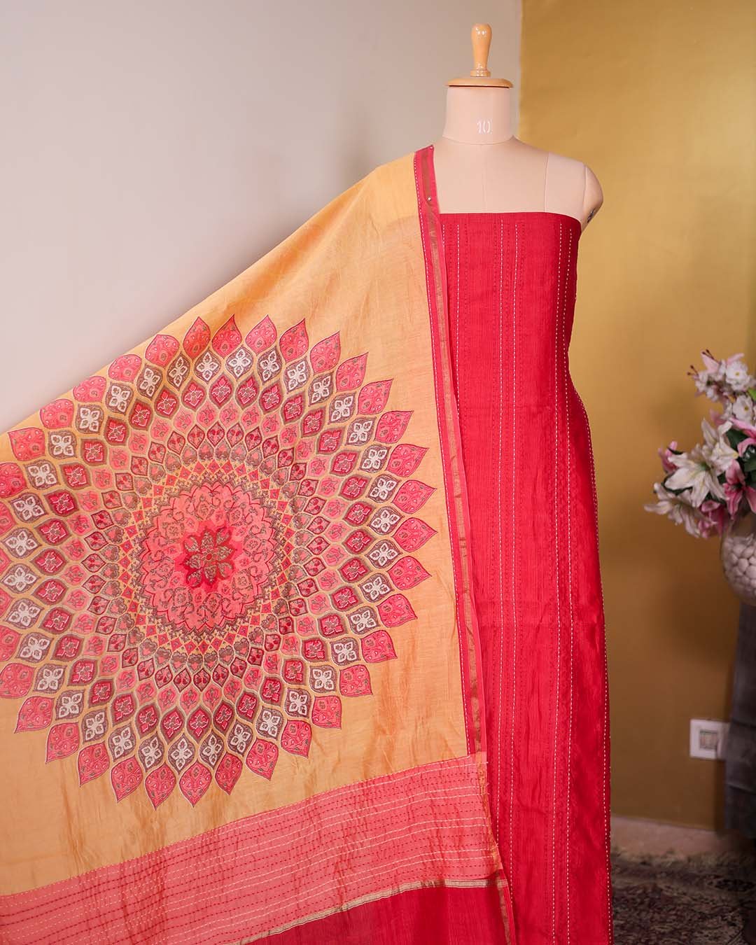 Brick Red Maheshwari Silk Suit with Kantha Embroidery & Printed Dupatta