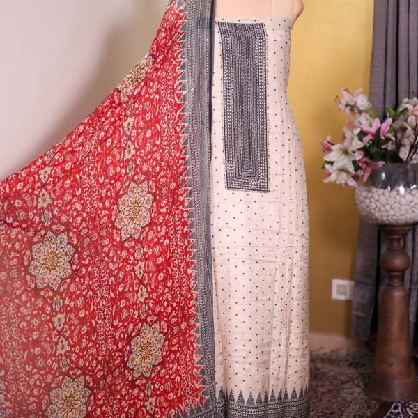 Beige Muslin Suit with Diamond Bootis & Beaded Neckline