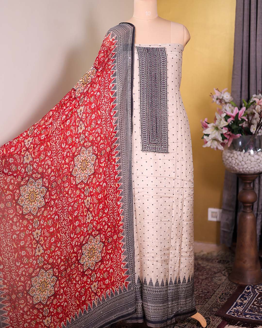 Beige Muslin Suit with Diamond Bootis & Beaded Neckline