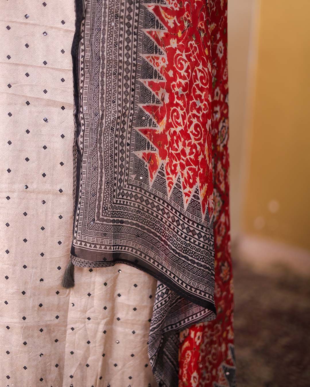 Second image of Beige Muslin Suit with Diamond Bootis & Beaded Neckline