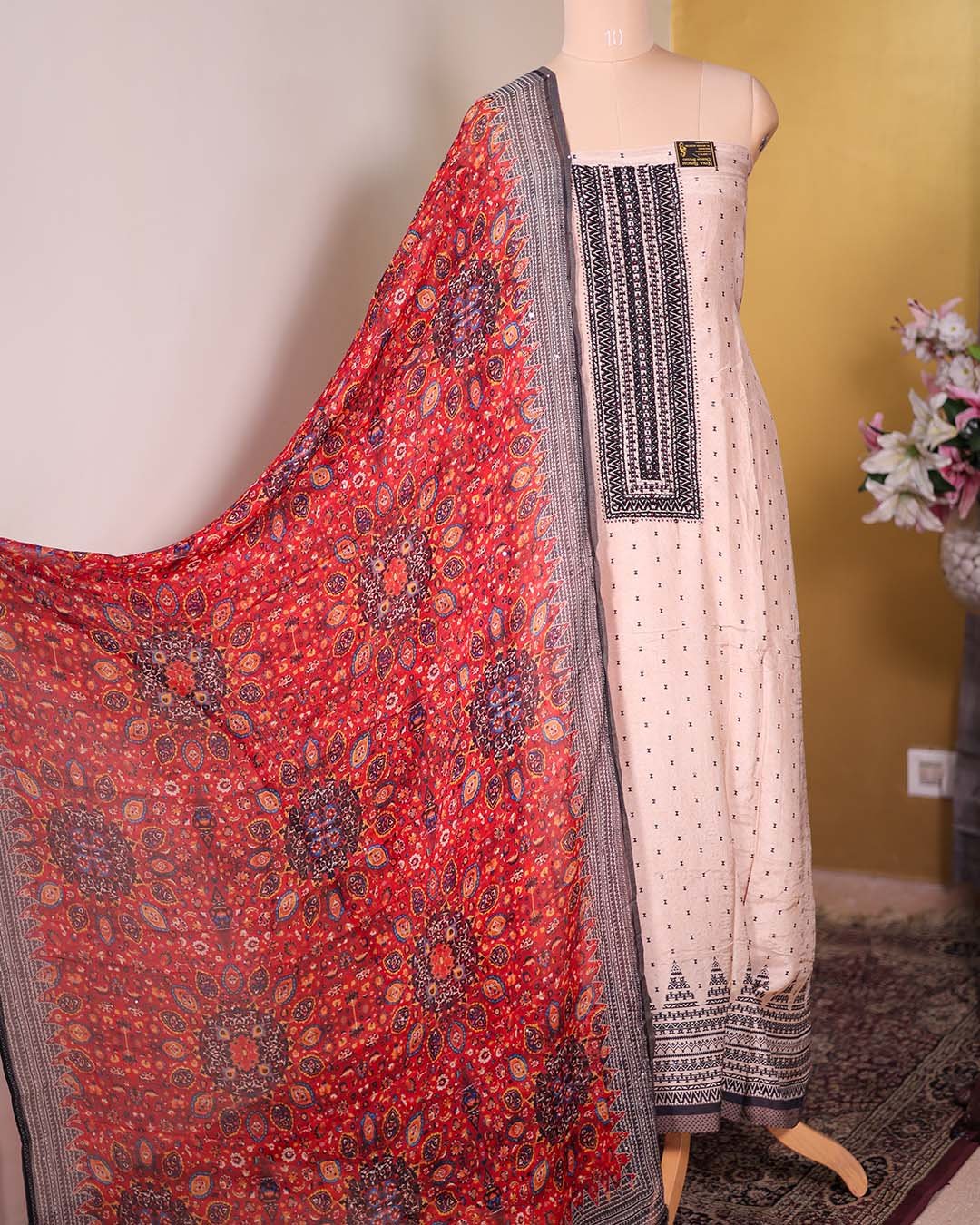 Beige Muslin Suit with Triangle Bootis & Beaded Neckline