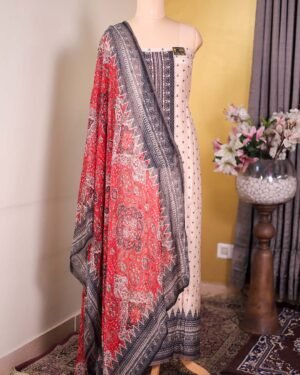 Beige Muslin Suit with Leaf Bootis & Beaded Neckline