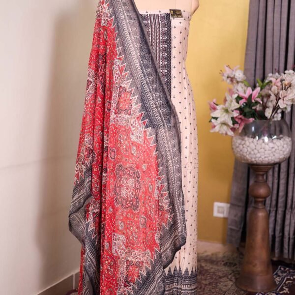 Beige Muslin Suit with Leaf Bootis & Beaded Neckline