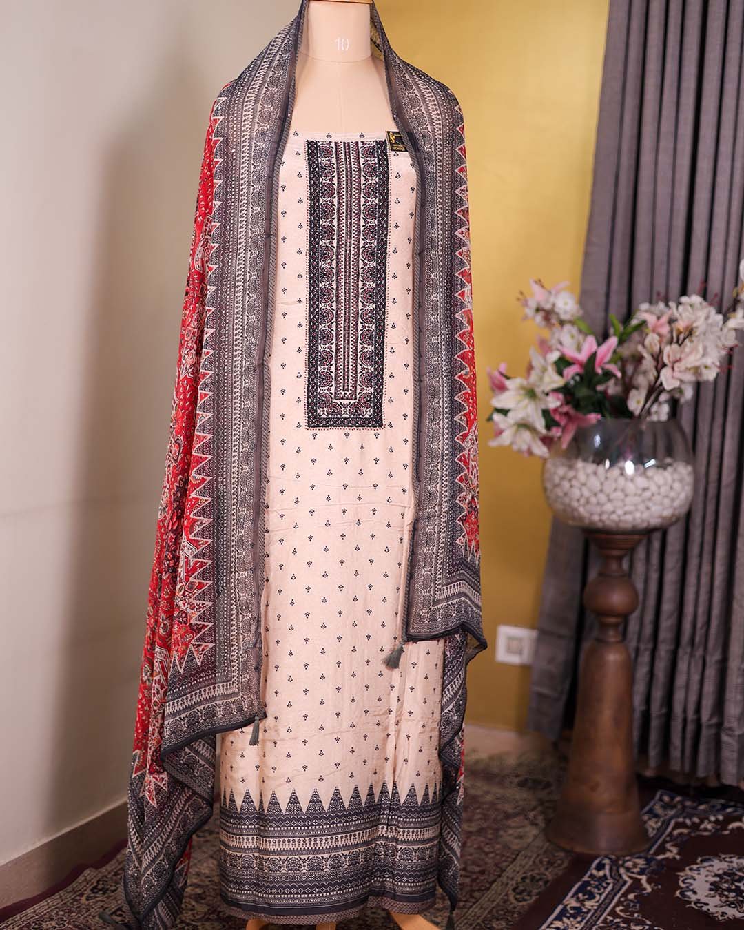 Second image of Beige Muslin Suit with Leaf Bootis & Beaded Neckline