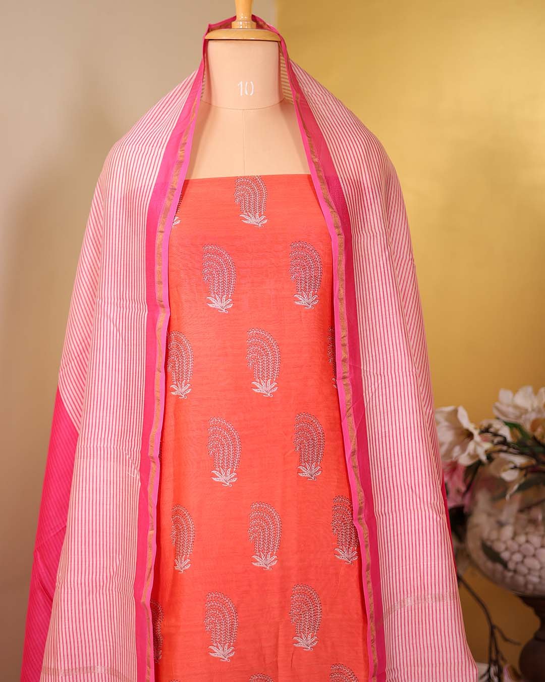 Second image of Coral Maheshwari Suit with Embroidered Hemline & Contrast Printed Dupatta