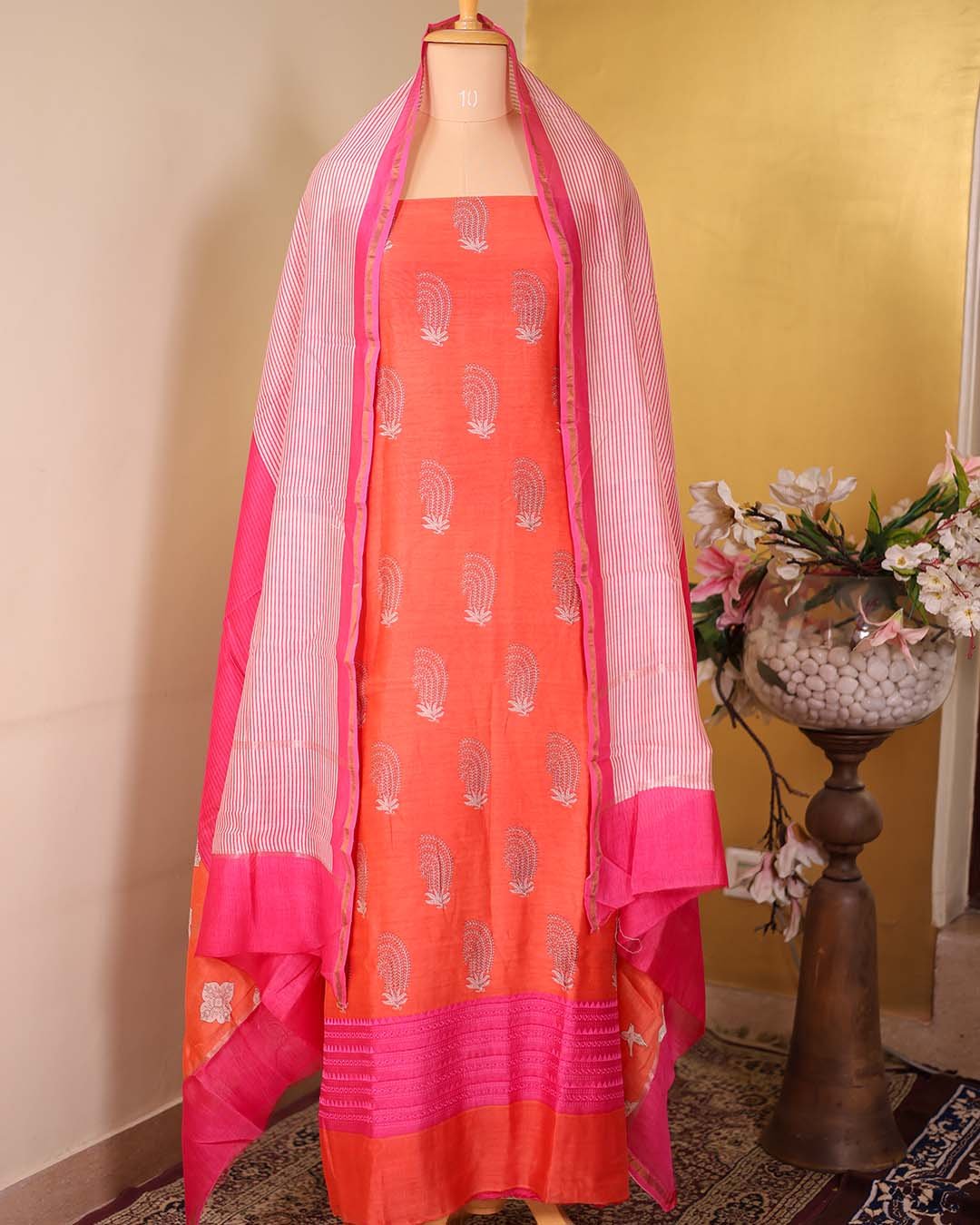 Coral Maheshwari Suit with Embroidered Hemline & Contrast Printed Dupatta