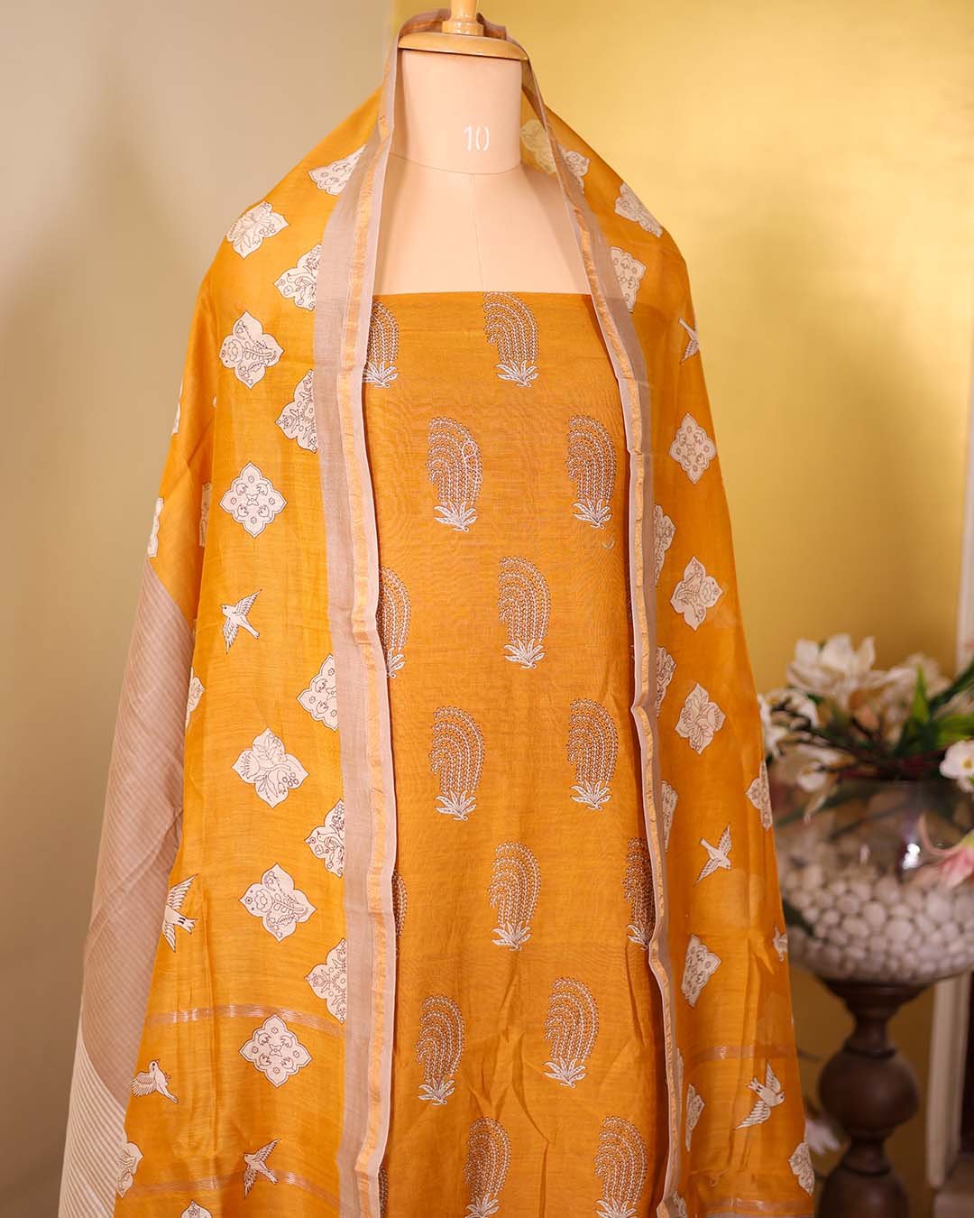 Second image of Mustard Maheshwari Suit with Embroidered Hemline & Contrast Printed Dupatta