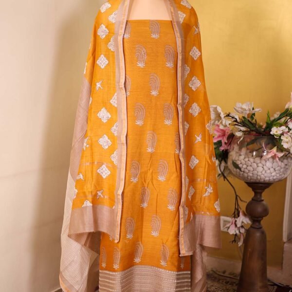 Mustard Maheshwari Suit with Embroidered Hemline & Contrast Printed Dupatta