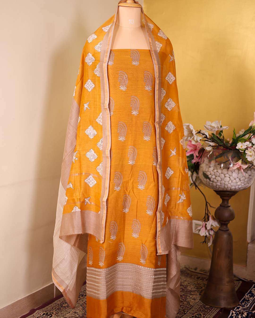 Mustard Maheshwari Suit with Embroidered Hemline & Contrast Printed Dupatta
