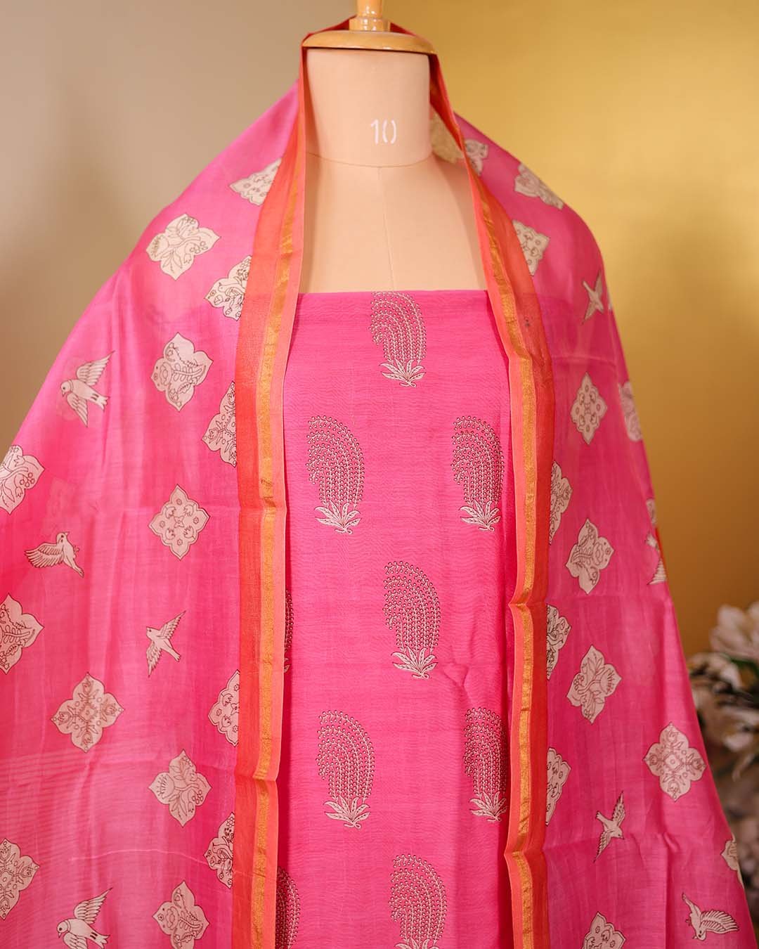 Second image of Pink Maheshwari Suit with Embroidered Hemline & Contrast Printed Dupatta