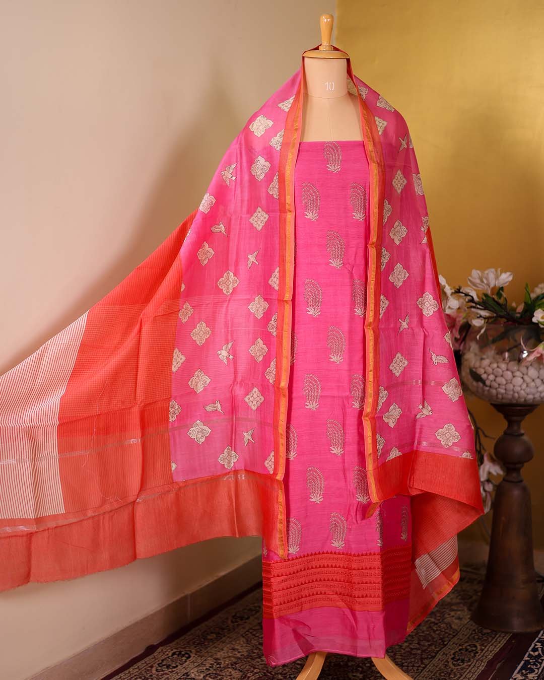 Pink Maheshwari Suit with Embroidered Hemline & Contrast Printed Dupatta