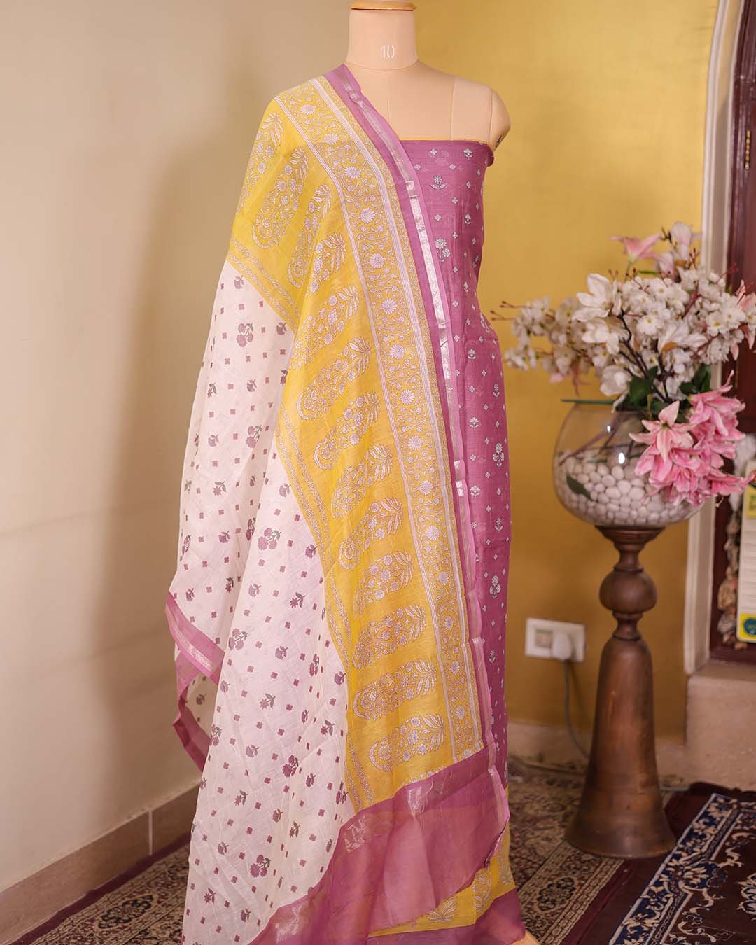 Second image of Onion Pink Pure Mal Floral Printed Suit with Yellow Contrast