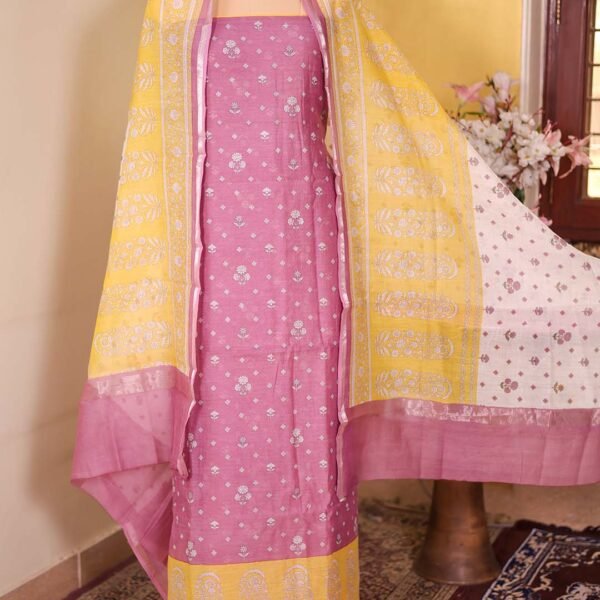 Onion Pink Pure Mal Floral Printed Suit with Yellow Contrast