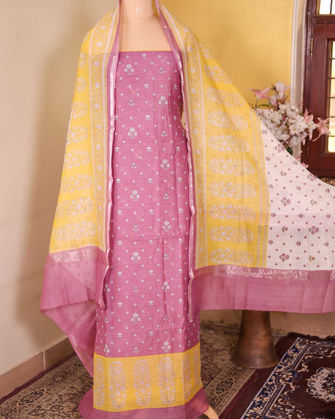 Onion Pink Pure Mal Floral Printed Suit with Yellow Contrast