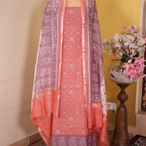 Peach Pure Mal Floral Printed Suits with Mauve Contrast