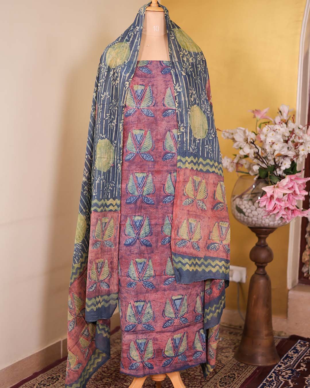 NS8787A - Vegetable Dye Cotton Suit with Hand Block Leaf Print