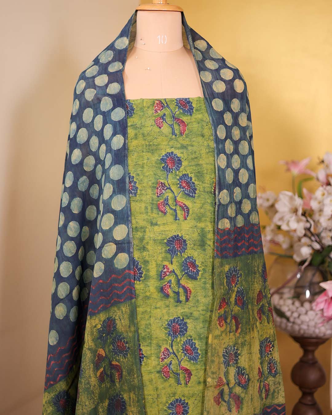 Second image of NS8787B - Green Vegetable Dye Cotton Suit with Hand Block Floral Print