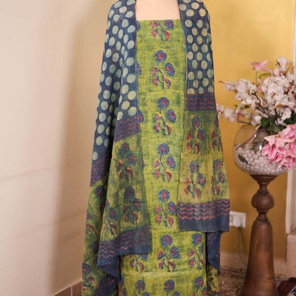 NS8787B - Green Vegetable Dye Cotton Suit with Hand Block Floral Print