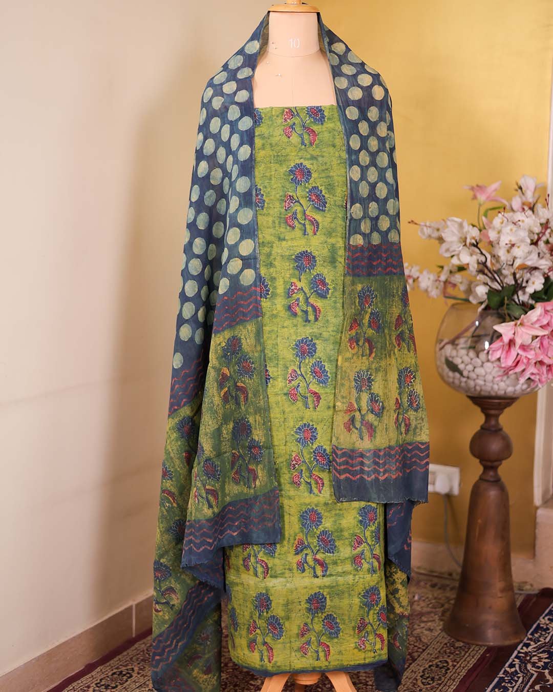 NS8787B - Green Vegetable Dye Cotton Suit with Hand Block Floral Print