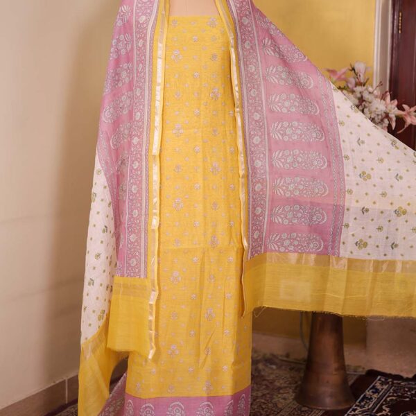 Yellow Pure Mal Floral Printed Suit with Pink Contrast