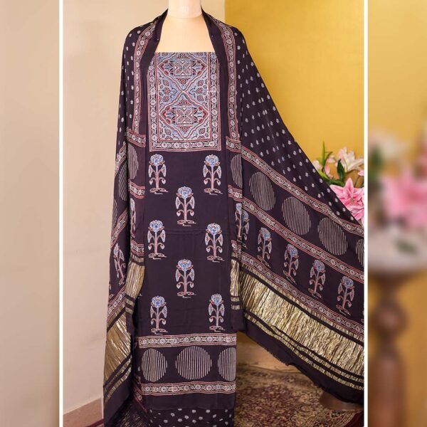 Black Modal Silk Ajrakh Printed Suit with Zari Border
