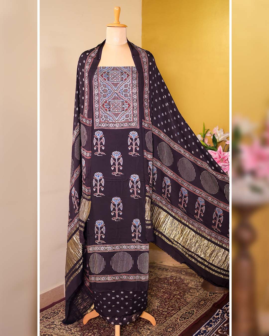 Black Modal Silk Ajrakh Printed Suit with Zari Border