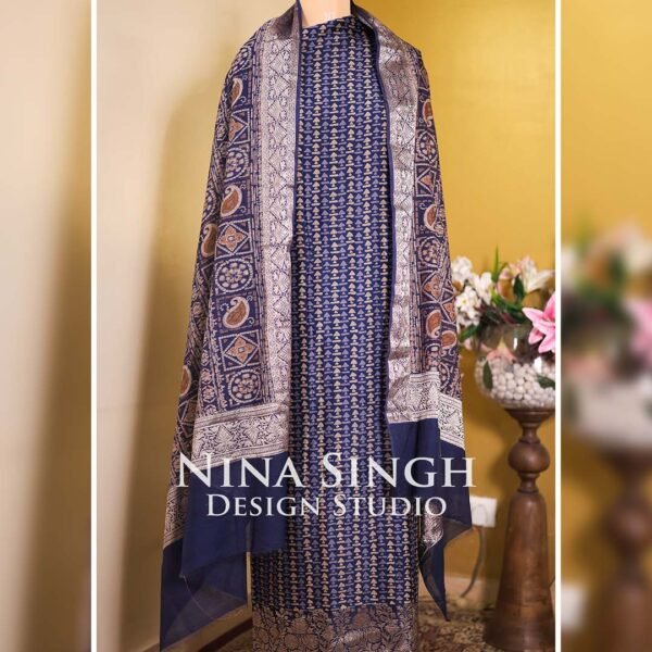 Blue Maheshwari Silk Printed Suit with Banarasi Zari Borders