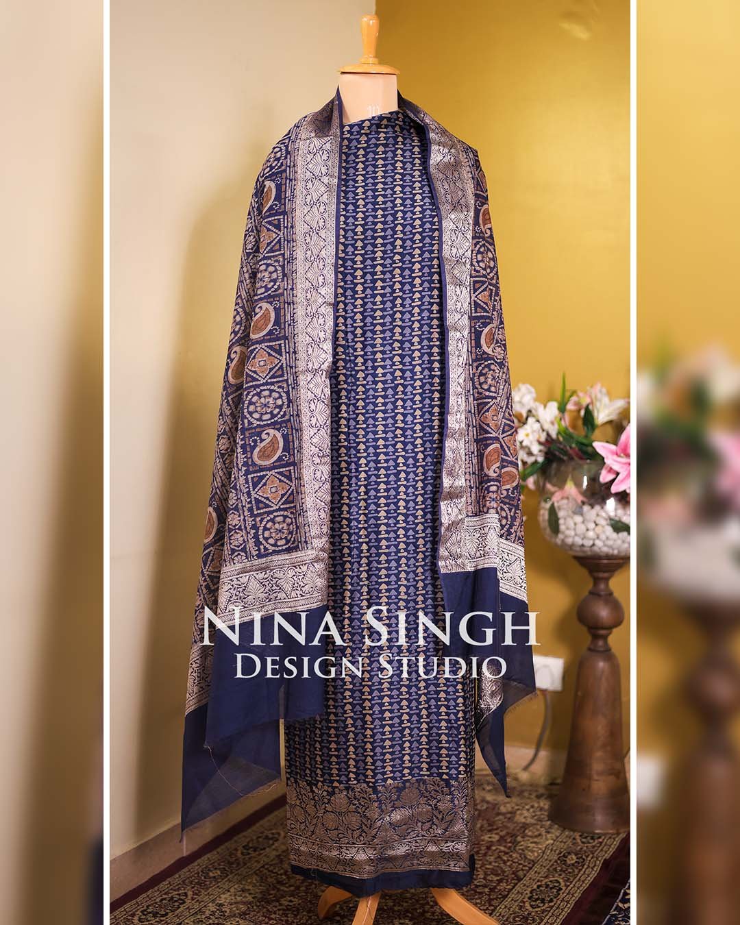 Blue Maheshwari Silk Printed Suit with Banarasi Zari Borders