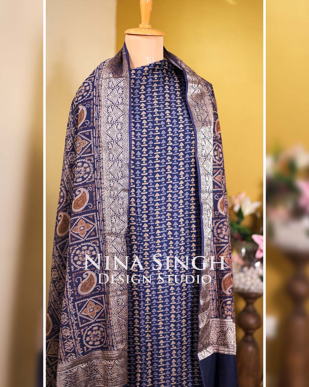 Second image of Blue Maheshwari Silk Printed Suit with Banarasi Zari Borders